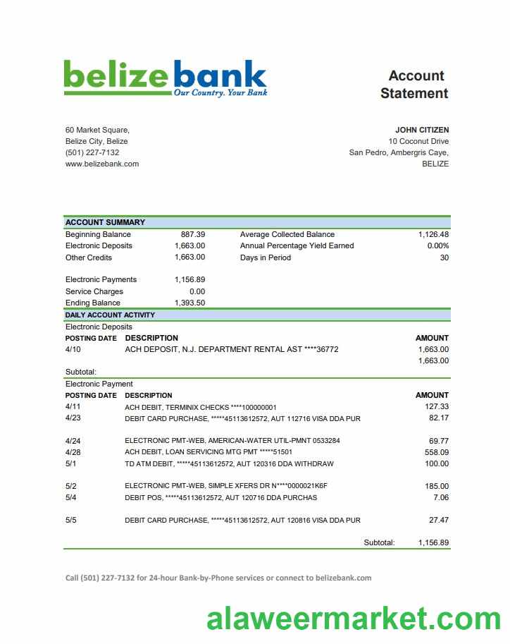Belize Belizebank bank statement easy to fill template in .xls and .pdf file format
